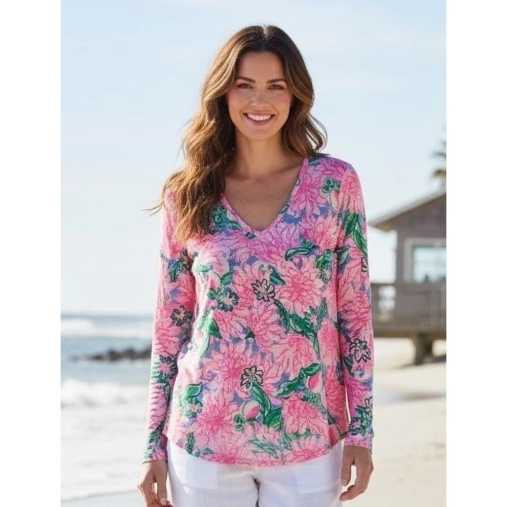 New Lilly Pulitzer XL Etta Long Sleeve V Neck Top Pink Blossom Try Your Zest XL
